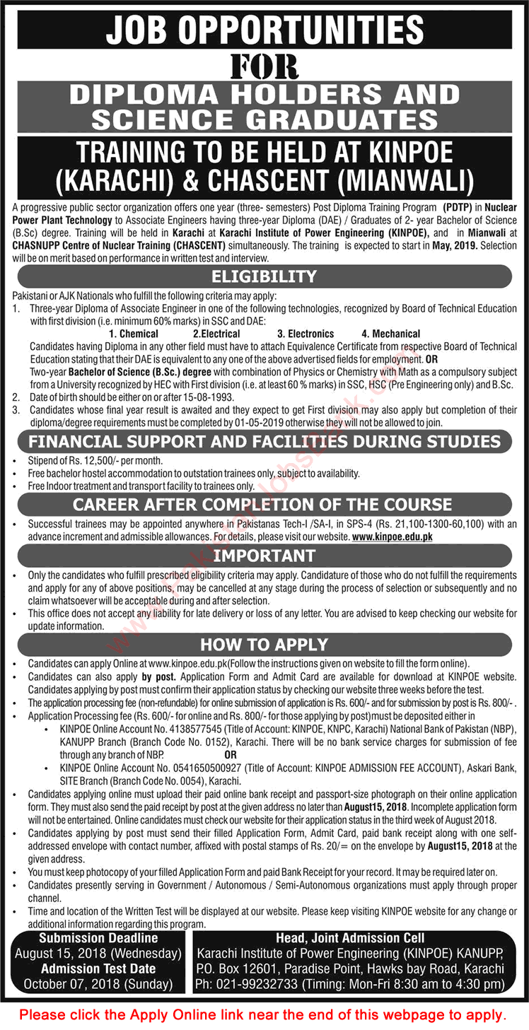 KINPOE & CHASCENT PDTP 2018 DAE Diploma Holders & Science Graduates Jobs in PAEC Apply Online Latest