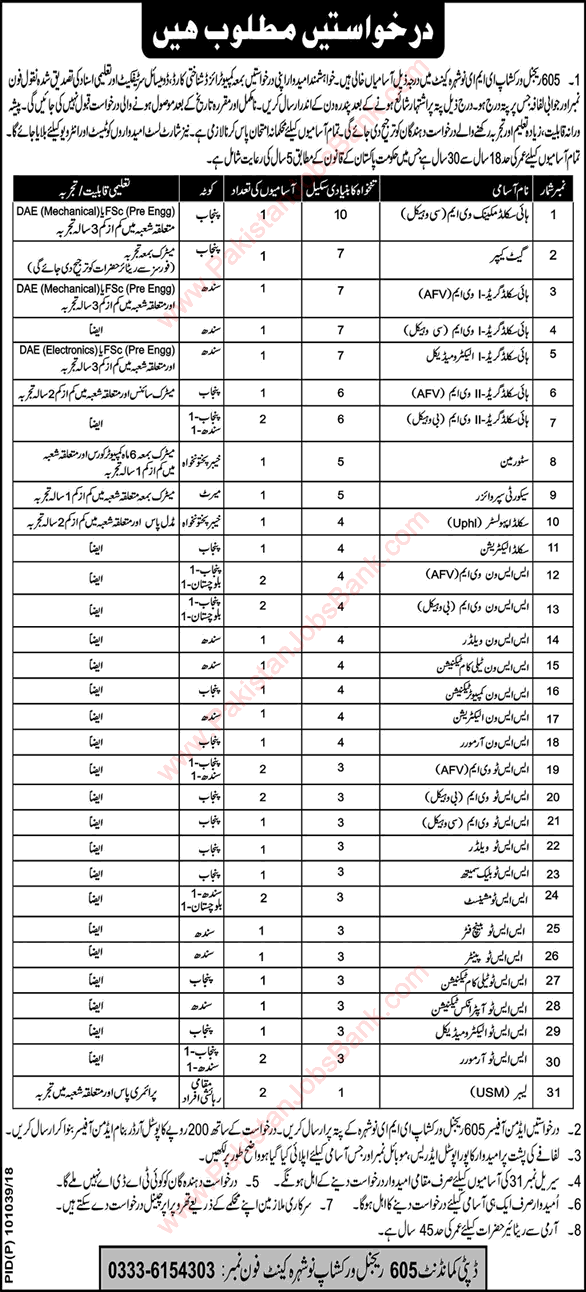 605 Regional Workshop EME Nowshera Cantt Jobs 2018 July / August Skilled Mechanics / Technicians & Others Latest