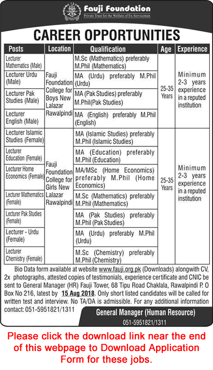 Lecturer Jobs in Fauji Foundation Colleges Rawalpindi July 2018 Application Form Latest