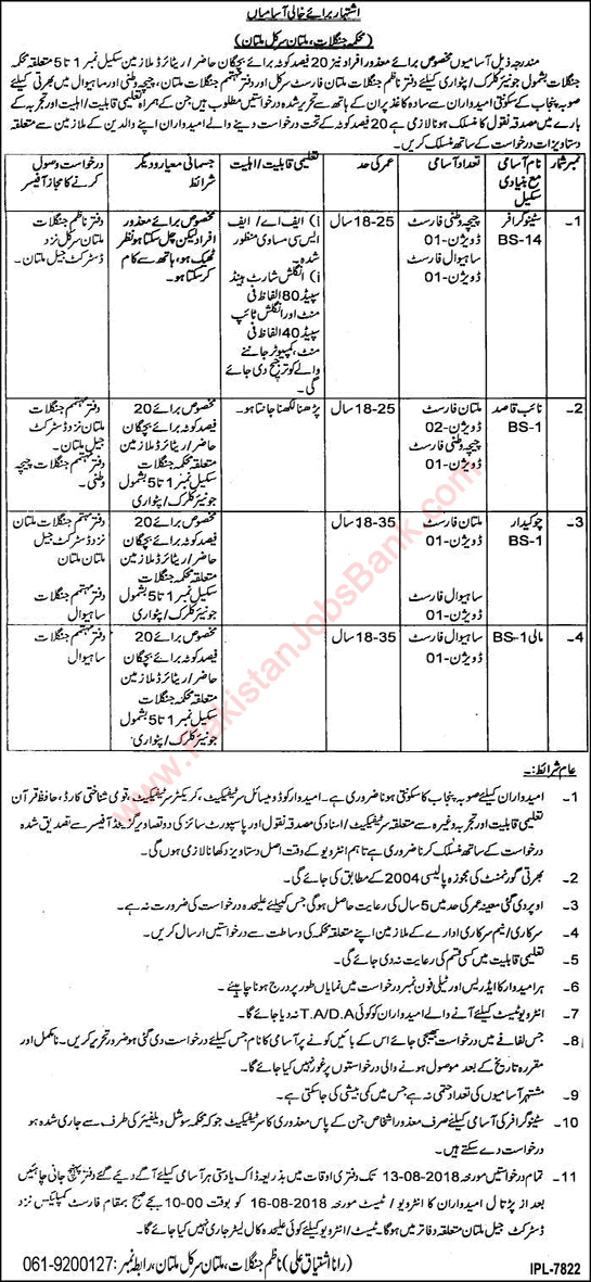 Forest Department Punjab Jobs 2018 August Multan Circle Naib Qasid, Stenographers, Chowkidar & Mali Latest