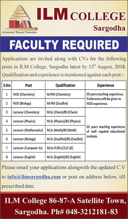 ILM College Sargodha Jobs August 2018 Lecturers & Head of Departments Latest