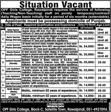 OPF Girls College Rawalpindi Jobs August 2018 Teachers & Others Latest