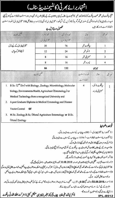 Health Department Sialkot Jobs August 2018 Sanitary Patrols & Assistant Analysts Latest