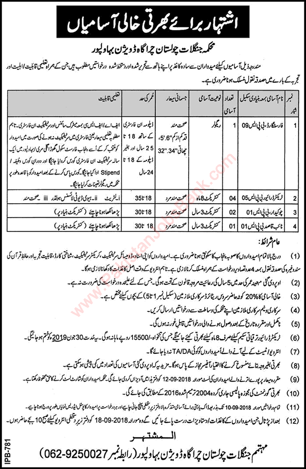 Forest Department Cholistan Jobs 2018 August Tractor Drivers, Chowkidar & Others Latest
