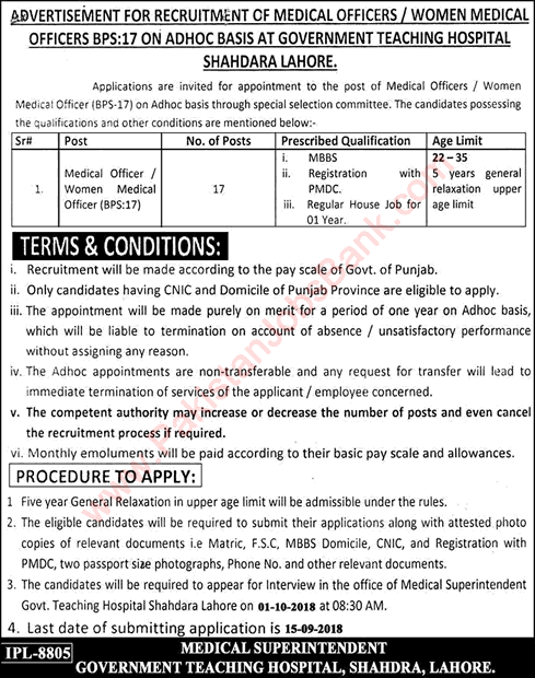 Medical Officer Jobs in Government Teaching Hospital Shahdara Lahore 2018 August / September Latest