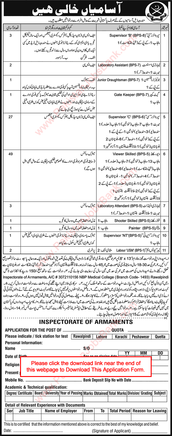 Inspectorate of Armaments Rawalpindi Jobs 2018 September Application Form Pakistan Army Latest