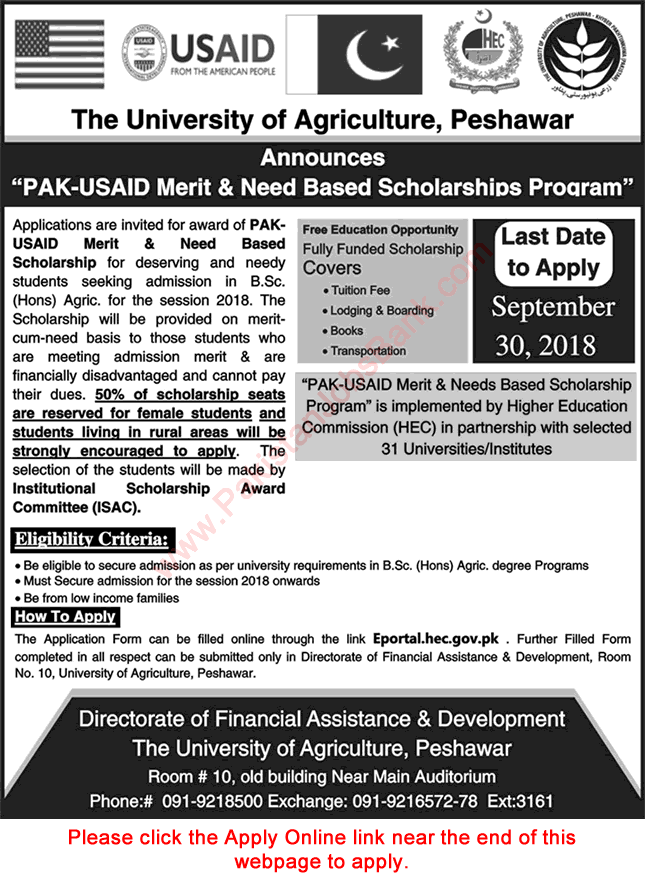 Pak-USAID Merit and Need Based Scholarships September 2018 Apply Online Latest