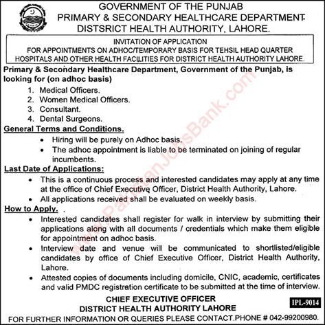 Health Department Lahore Jobs 2018 September Medical Officers / Consultants & Dental Surgeons Latest