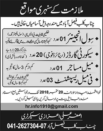 Chenab Club Faisalabad Jobs 2018 September Receptionists, Security Guards & Others Latest