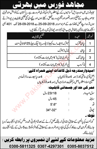 Mujahid Force Jobs September 2018 Sipahi, Clerk, Cook & Khakroob Latest