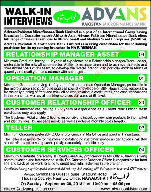 Advans Pakistan Microfinance Bank Jobs September 2018 Nawabshah Customer Relationship Officers & Others Latest