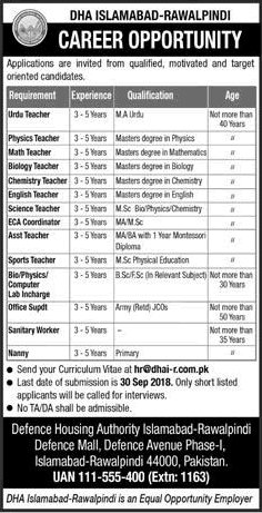 DHA Islamabad / Rawalpindi Jobs September 2018 Teachers & Others Latest
