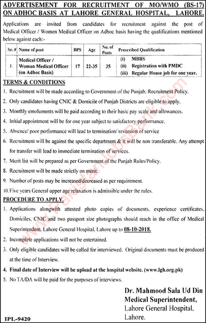 Medical Officer Jobs in Lahore General Hospital September 2018 MO / WMO Latest