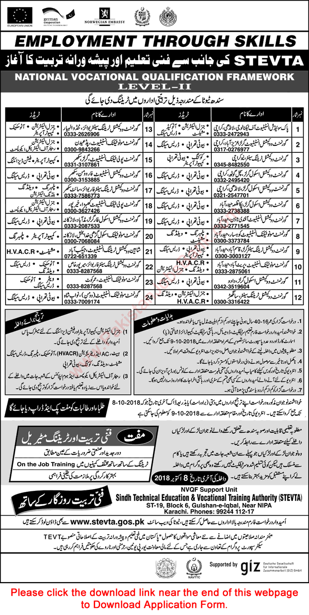 STEVTA Free Courses September 2018 Sindh TEVTA Application From Latest