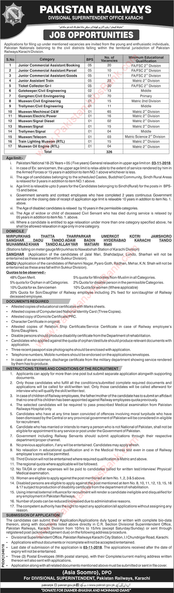Pakistan Railways Karachi Division Jobs October 2018 Commercial Assistant, Helpers / Muawan & Others Latest
