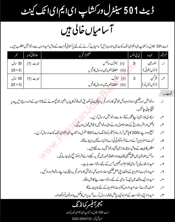 501 Central Workshop EME Attock Jobs 2018 October Storeman & Fitter Latest