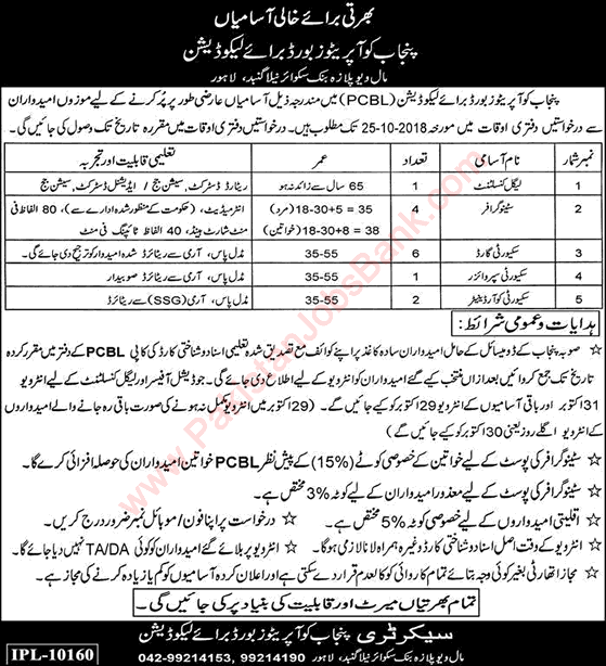 Punjab Cooperative Board for Liquidation Lahore Jobs 2018 October PCBL Latest