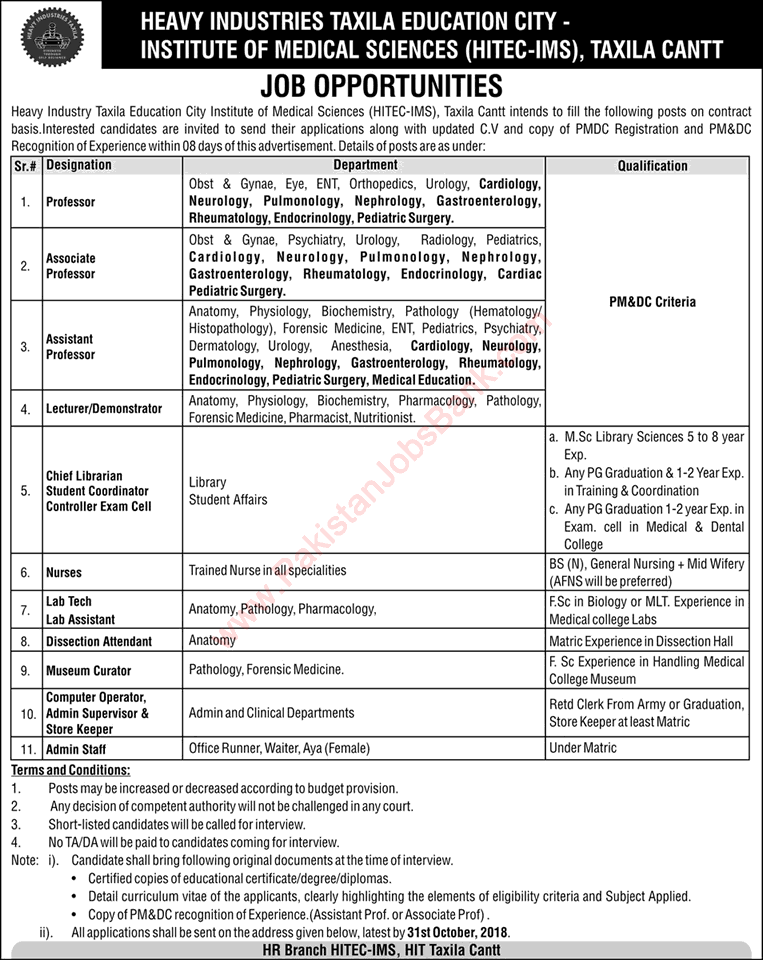 HITEC IMS Jobs October 2018 Institute of Medical Sciences Taxila Latest