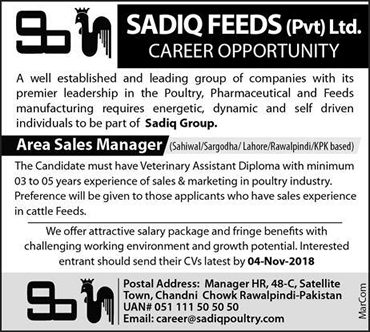 Area Sales Manager Jobs in Sadiq Feeds Pakistan October 2018 Latest