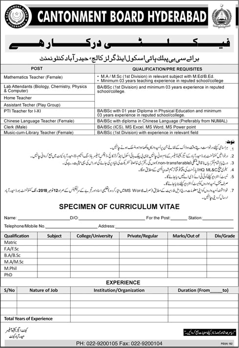 Cantonment Board (CB) Public High School and Girls College Hyderabad Jobs October / November 2018 Latest