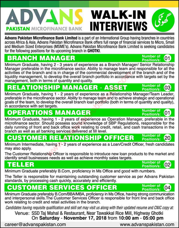 Advans Pakistan Microfinance Bank Ghotki Jobs November 2018 Walk in Interviews Latest