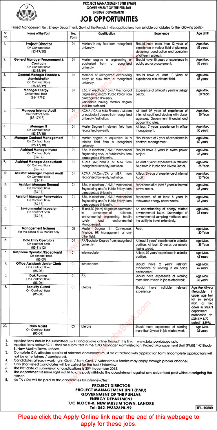 Energy Department Punjab Jobs November 2018 Lahore Apply Online PMU Latest