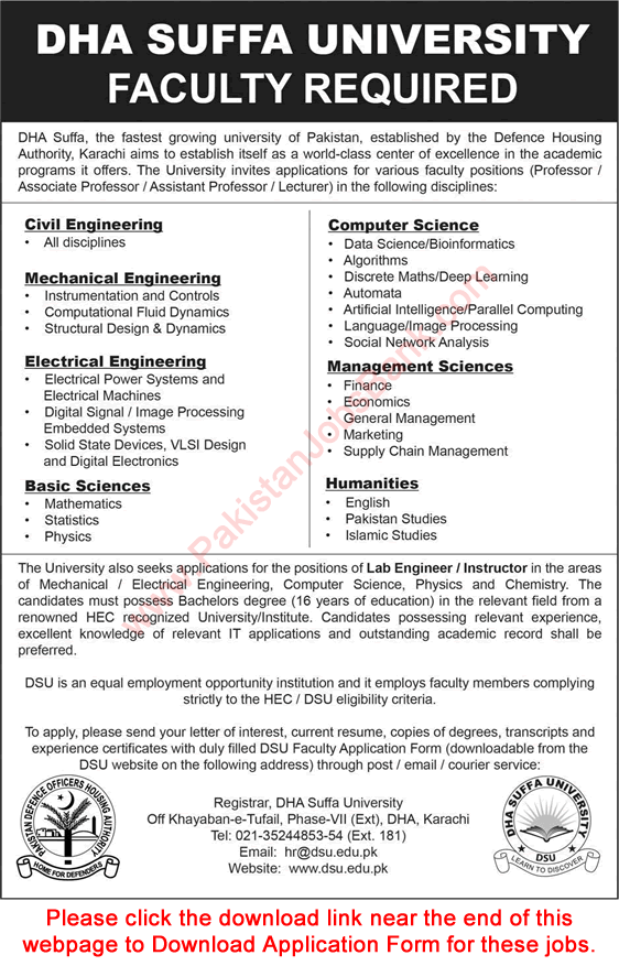 DHA Suffa University Karachi Jobs November 2018 Application Form Teaching Faculty & Lab Engineers / Instructors Latest