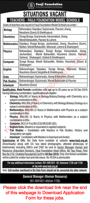 Fauji Foundation Model Schools Jobs 2018 November / December Application Form Teachers Latest