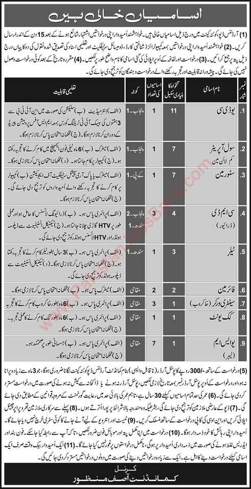 Ordnance Depot Quetta Cantt Jobs November 2018 December USM Labour, Drivers & Others Pakistan Army Latest