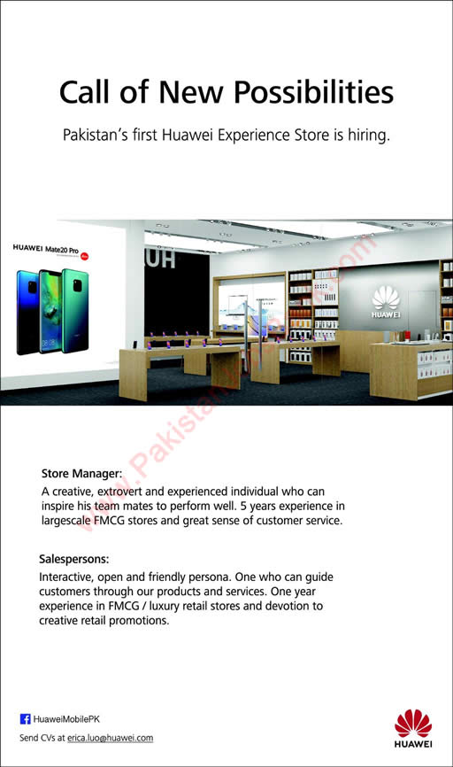 Huawei Pakistan Jobs November 2018 Salespersons & Store Manager for Experience Store Latest
