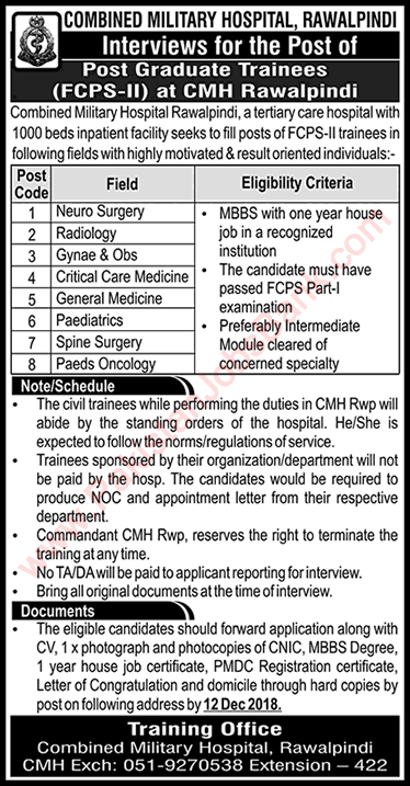 CMH Rawalpindi Jobs December 2018 for Postgraduate Trainees FCPS-II Trainings Latest