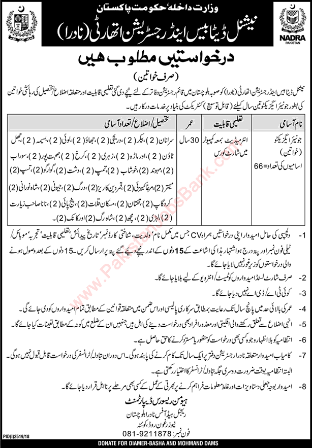 NADRA Balochistan Jobs December 2018 Female Junior Executives Latest