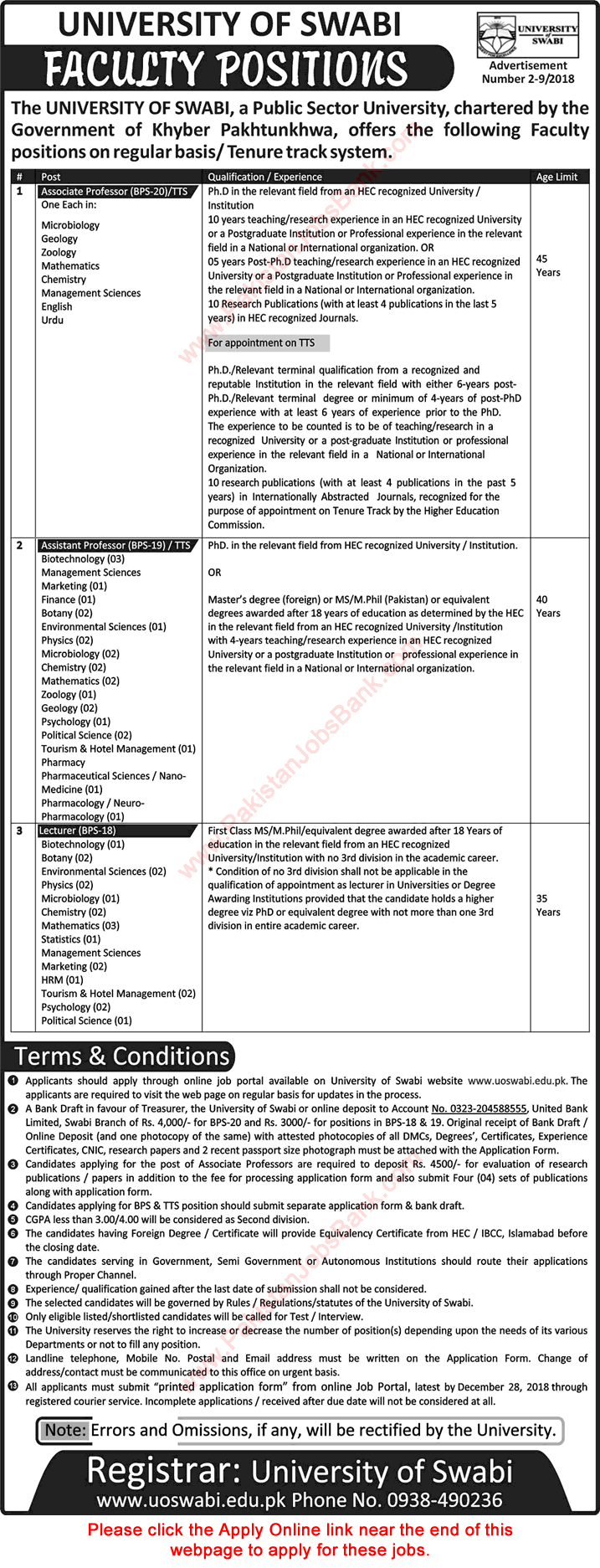 University of Swabi Jobs December 2018 Apply Online Teaching Faculty Latest