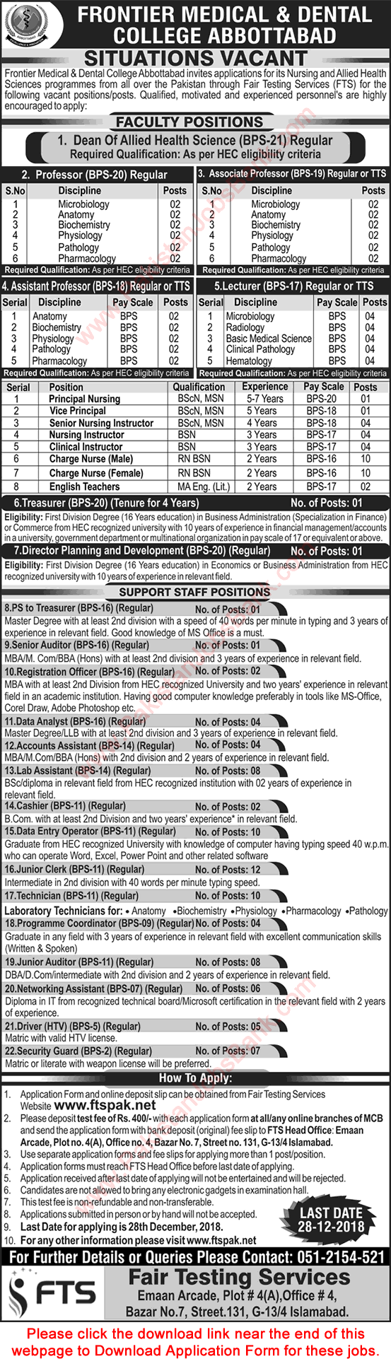 Frontier Medical and Dental College Abbottabad Jobs December 2018 FTS Application Form Latest