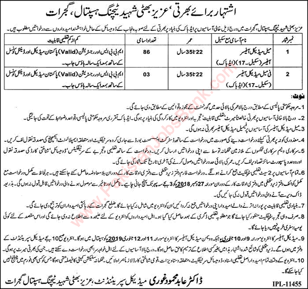 Medical Officer Jobs in Aziz Bhatti Shaheed Teaching Hospital Gujrat December 2018 Latest