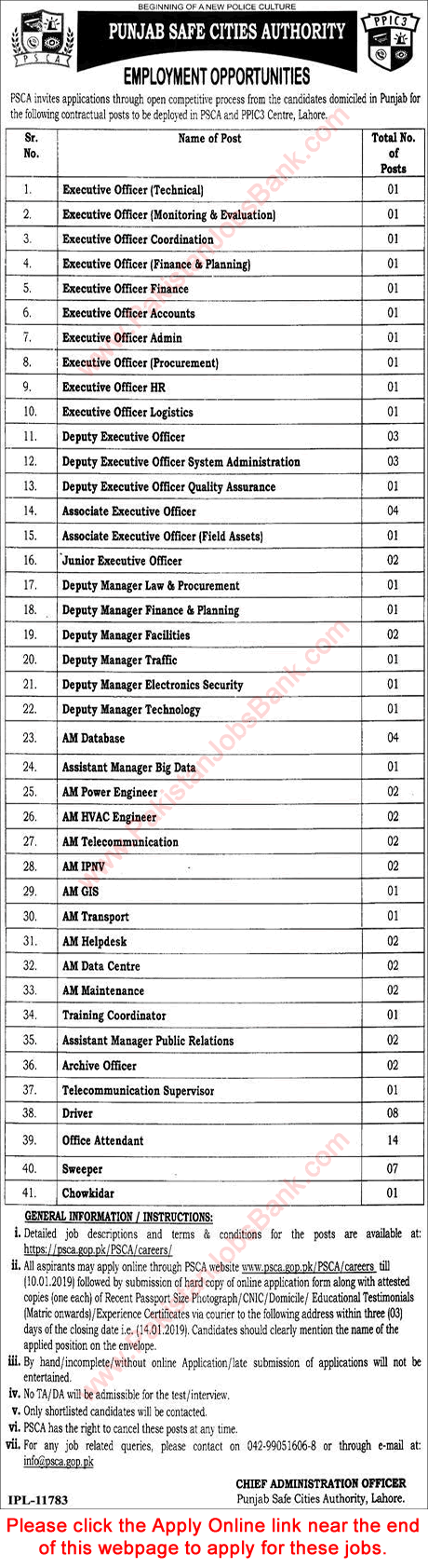 Punjab Safe Cities Authority Jobs December 2018 PSCA PPIC3 Centre Lahore Apply Online Latest