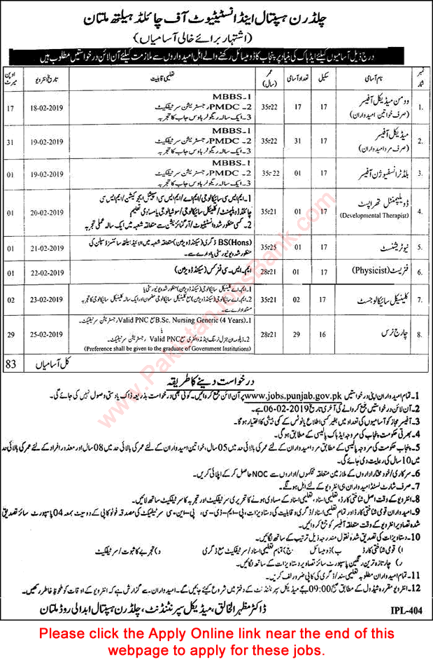 Children's Hospital Multan Jobs 2019 Apply Online CHICH Institute of Child Health Latest