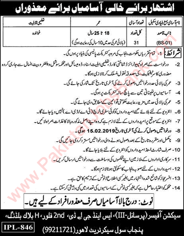 Naib Qasid Jobs in Punjab Civil Secretariat Lahore 2019 January / February Disable Quota Latest