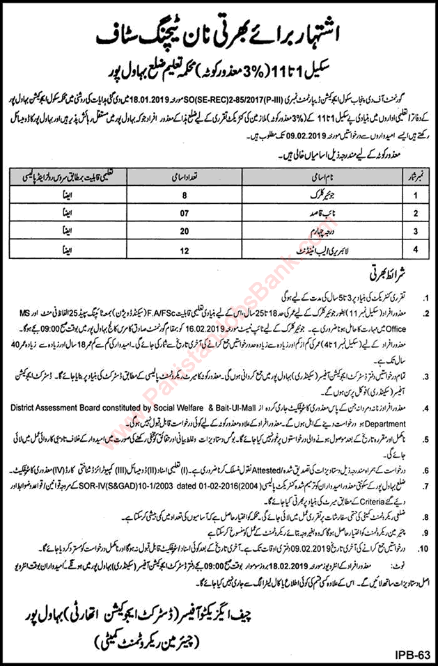 Education Department Bahawalpur Jobs 2019 January / February Class-IV & Others Latest