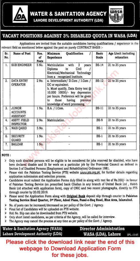 WASA Lahore Jobs 2019 February LDA PTS Application Form Water and Sanitation Agency Latest