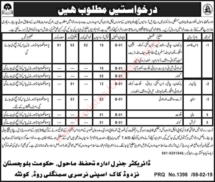 Environment Protection Department Balochistan Jobs 2019 February Naib Qasid, Chowkidar & Others Latest