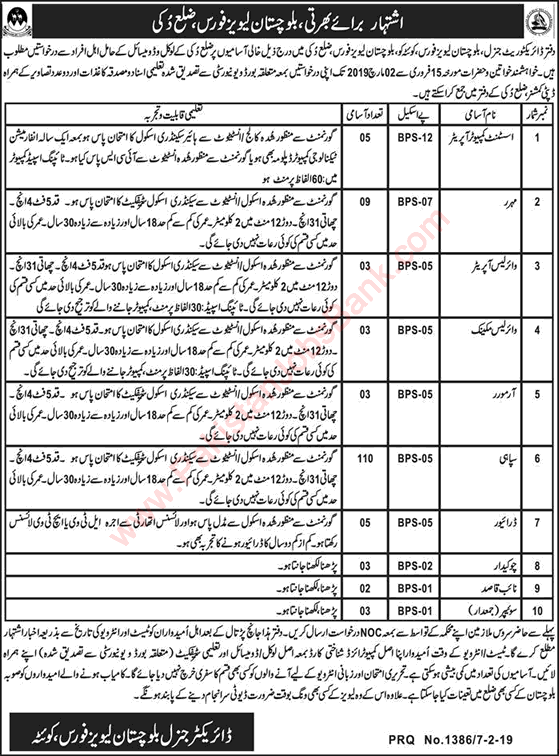 Balochistan Levies Force Jobs 2019 February Duki Sipahi, Moharir, Drivers & Others Latest