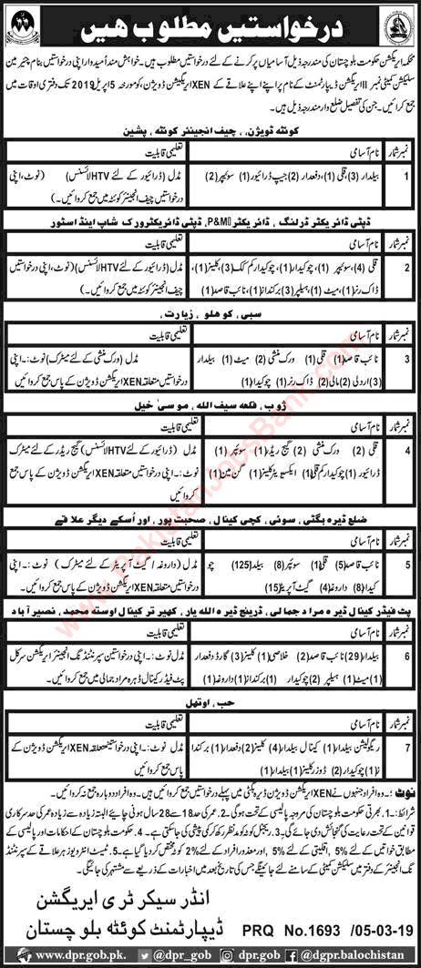 Irrigation Department Balochistan Jobs 2019 March Baildar, Chowkidar & Others Latest