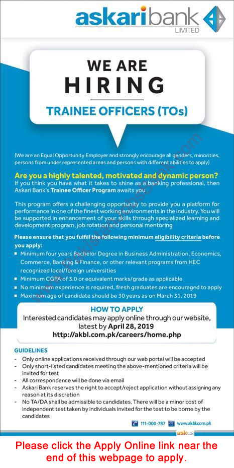 Askari Bank Jobs April 2019 Apply Online Trainee Officers Program AKBL Latest