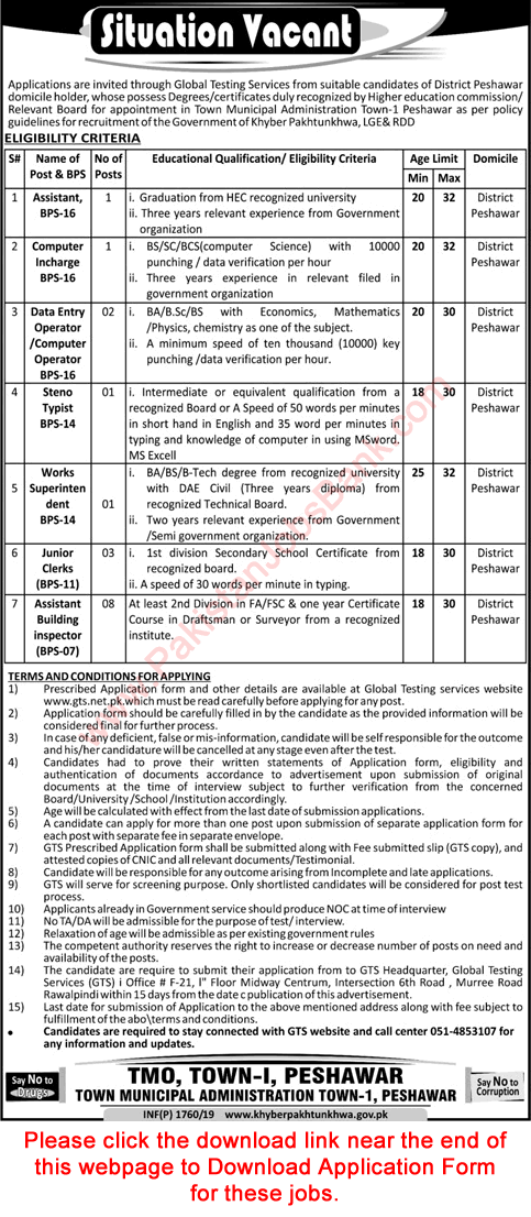 Town Municipal Administration Peshawar Jobs 2019 April GTS Application Form Assistant Building Inspector & Others Latest