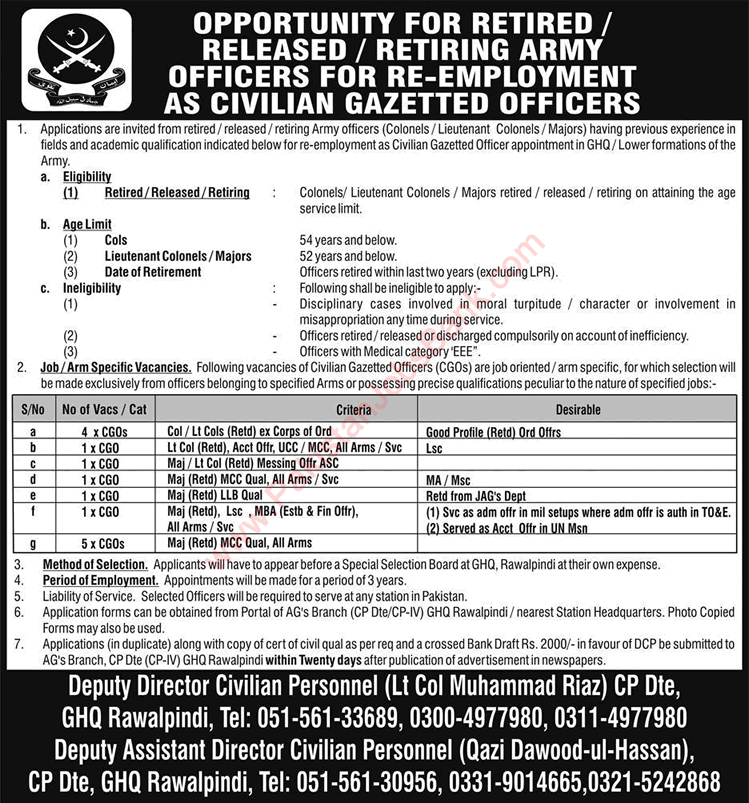 Jobs for Retired Army Officers in Pakistan Army 2019 May Re-Employment as Civilian Gazetted Officers