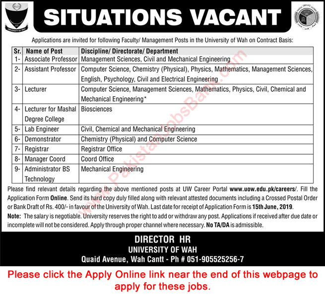 University of Wah Jobs May 2019 Apply Online Teaching Faculty & Others Latest