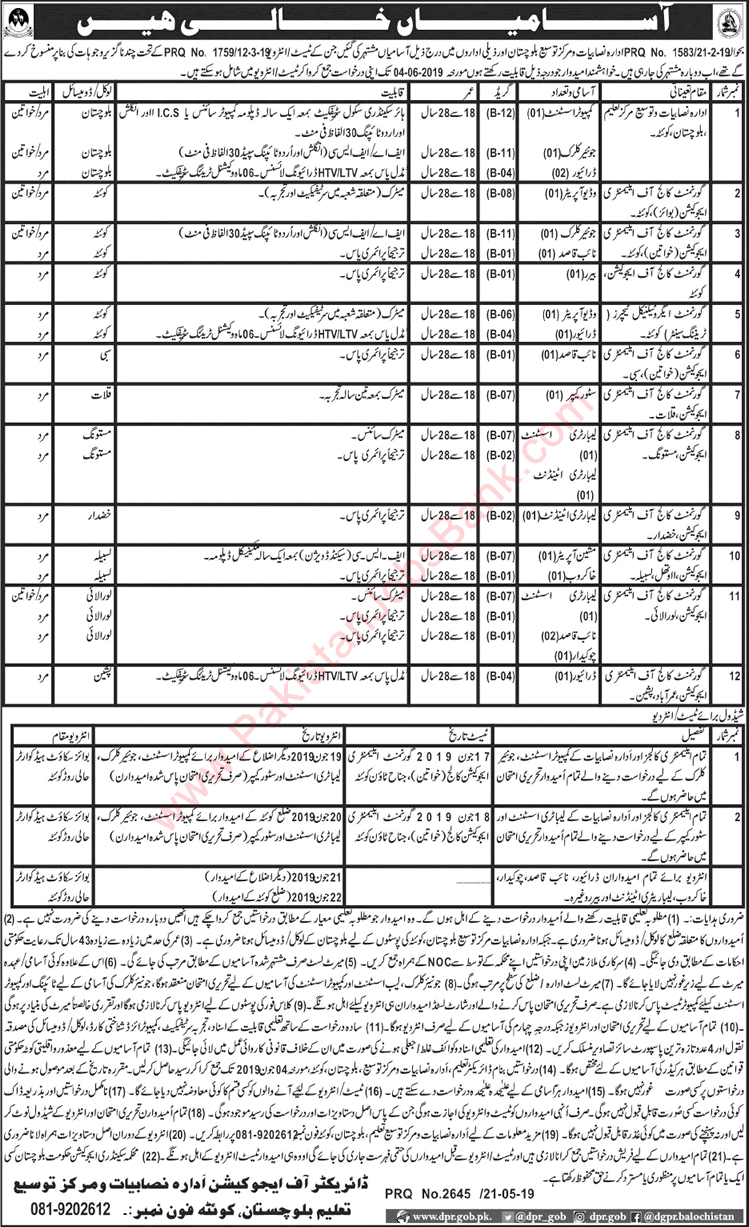 Education Department Balochistan Jobs May 2019 Drivers, Naib Qasid & Others Latest