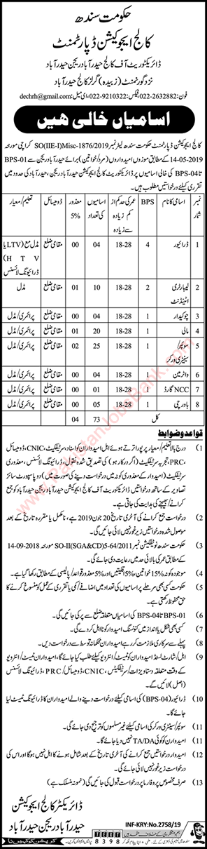 Directorate of College Education Hyderabad Region Jobs 2019 May Sanitary Workers, Mali & Others Latest