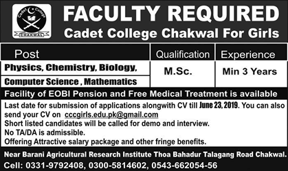 Cadet College Chakwal Jobs 2019 June Teaching Faculty for Girls Latest